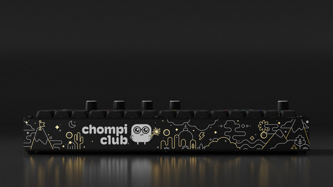 CHOMPI Midnight Edition Device Render (on dark background) - Front Panel (CHOMPI world graphic)