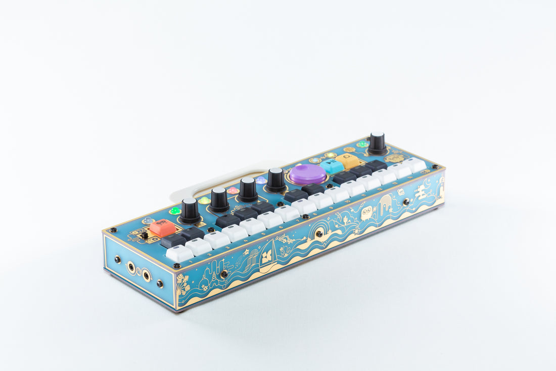 Left angled view of Treasure Island CHOMPI: lagoon blue panels with Chase Bliss x CHOMPI graphics