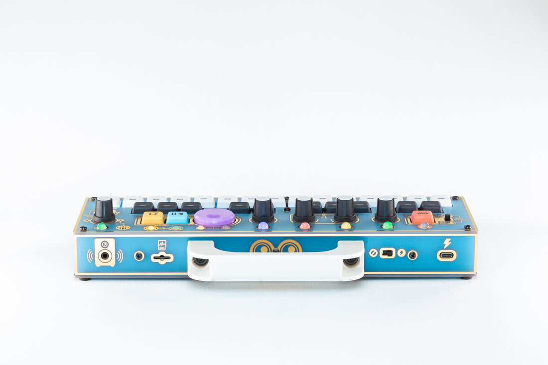 Rear panel view of Treasure Island CHOMPI: lagoon blue panels with white handle
